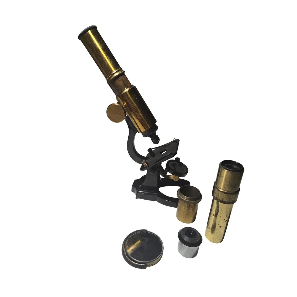 Antique Brass Monocular Microscope Vintage Scientific Instrument with Wood Case